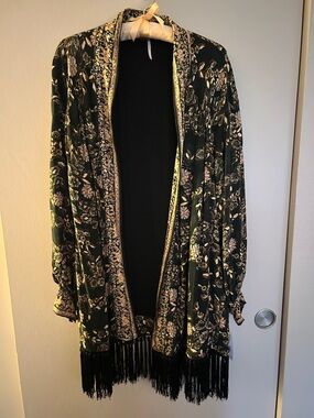 Free People black and gold Floral Fringe Kimono